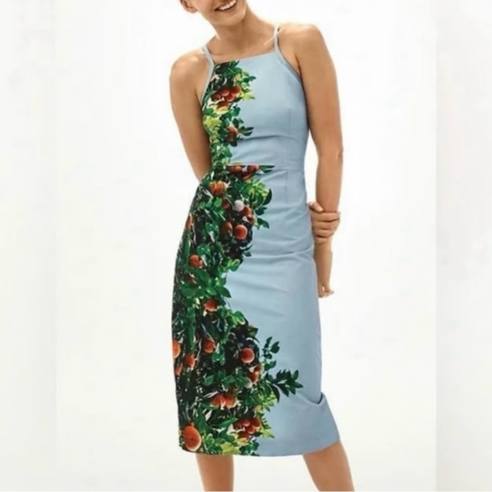 Anthropologie Maeve Orange Tree Picnic Sky Blue Orchard Tank Midi Cotton Dress